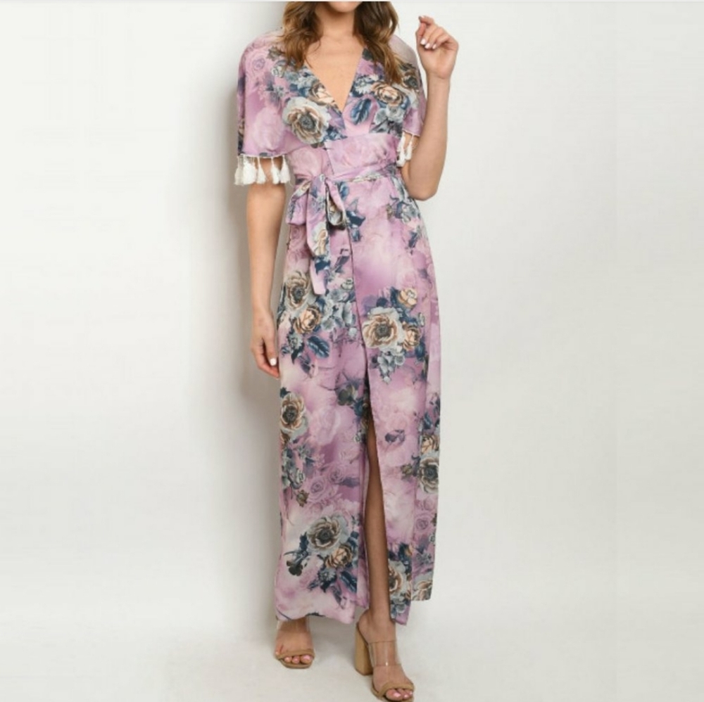 Lavender Floral Tassel Sleeve Dress